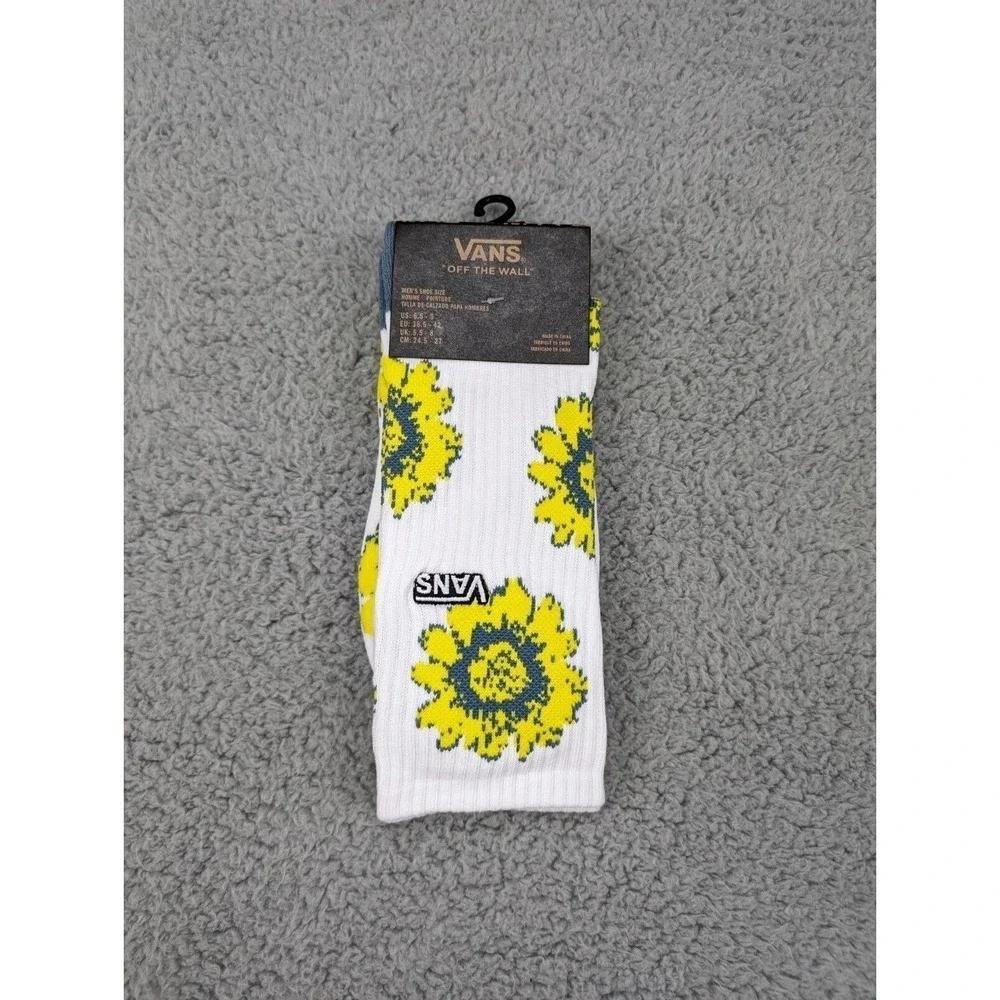 Vans Crew Socks Mens Womens 6.5-9 White Yellow‎ Daisy Sunflower Floral Print New